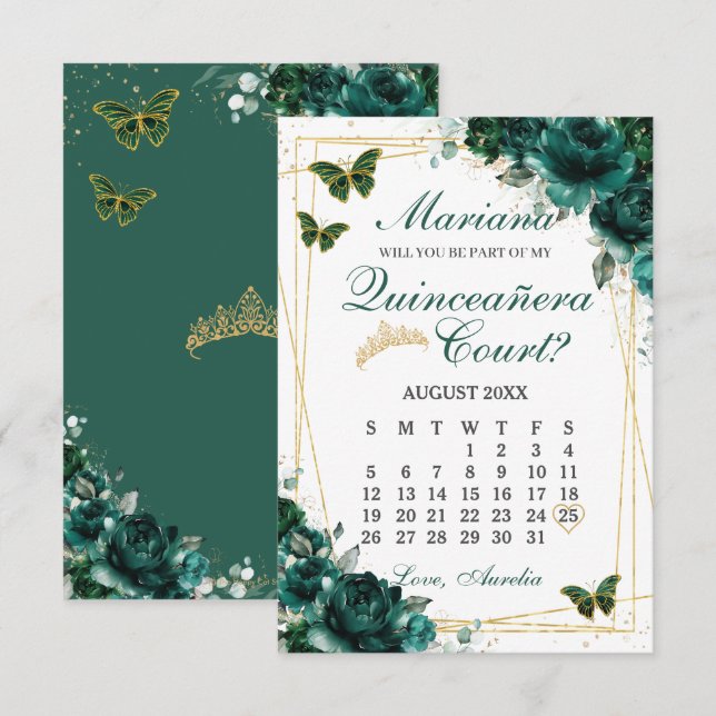 Emerald Green Quinceanera Court Proposal Card (Front/Back)