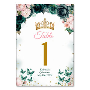 Emerald Green Quinceañera Crown Pink Floral Table Number