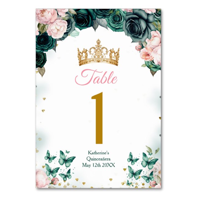 Emerald Green Quinceañera Crown Pink Floral Table Number (Front)