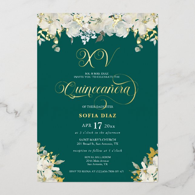 Emerald Green Quinceañera Floral Gold (Front)
