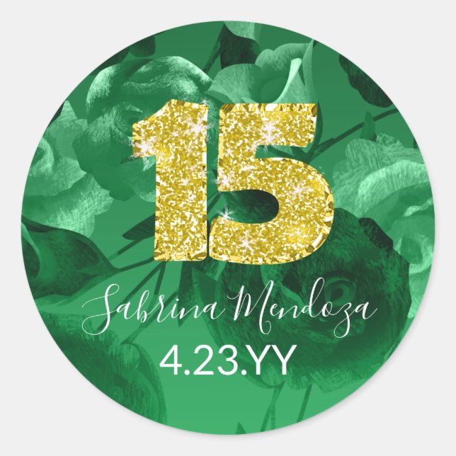 Emerald Green Quinceanera Gold #15 Classic Round Sticker (Front)