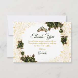 Emerald Green Quinceañera Golden Tiara Roses Thank You Card
