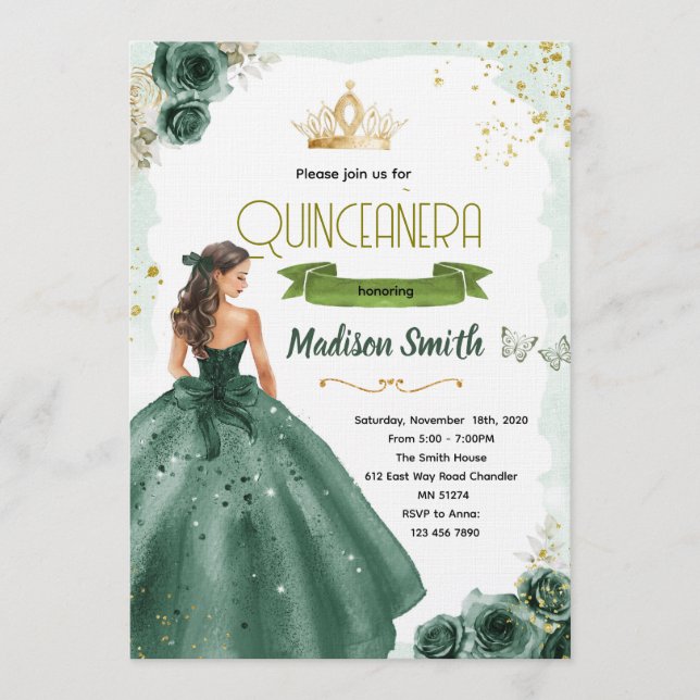 Emerald green quinceañera invitation  (Front)
