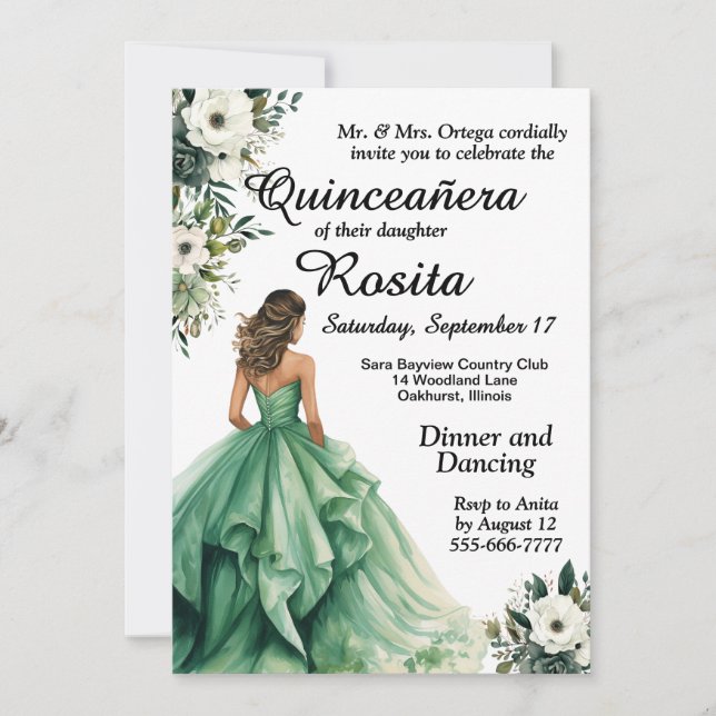 Emerald Green Quinceanera Invitation (Front)