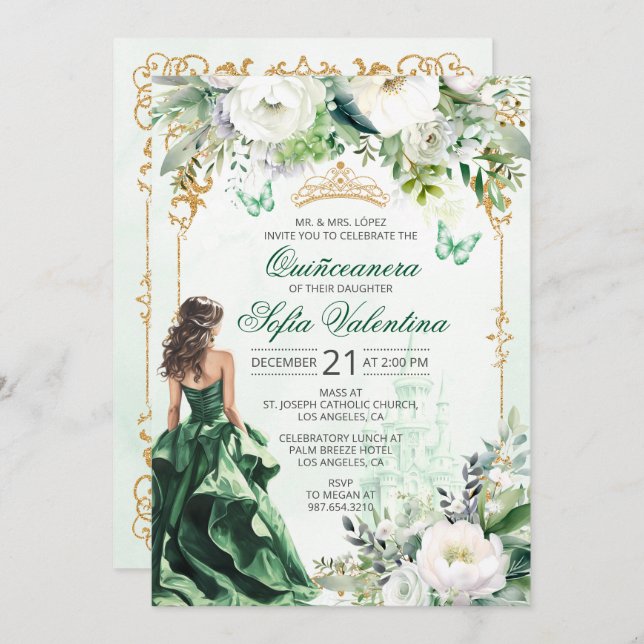 Emerald Green Quinceañera invitation (Front/Back)
