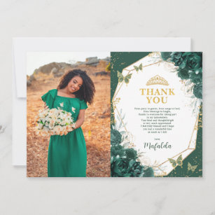 Emerald Green Quinceanera Photo Thank You Card