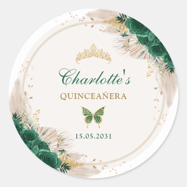 Emerald Green Quinceanera Princess Miss Quince 15 Classic Round Sticker (Front)