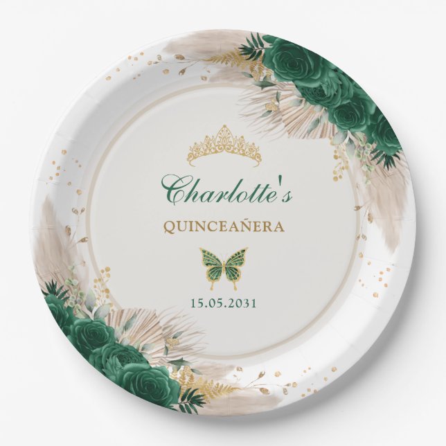 Emerald Green Quinceanera Princess Miss Quince 15 Paper Plate (Front)
