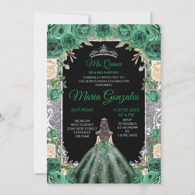 Emerald Green Quinceanera Silver Crown Glitter Invitation (Front)