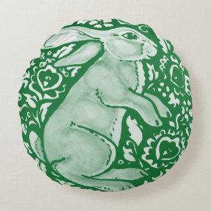 Emerald Green Rabbit Bunny Hare Cottagecore Round Cushion
