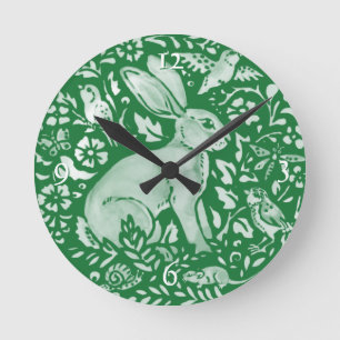 Emerald Green Rabbit Bunny Woodland Cottagecore Round Clock