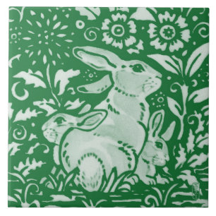 Emerald Green Rabbit Mum Family Chinoiserie Floral Ceramic Tile