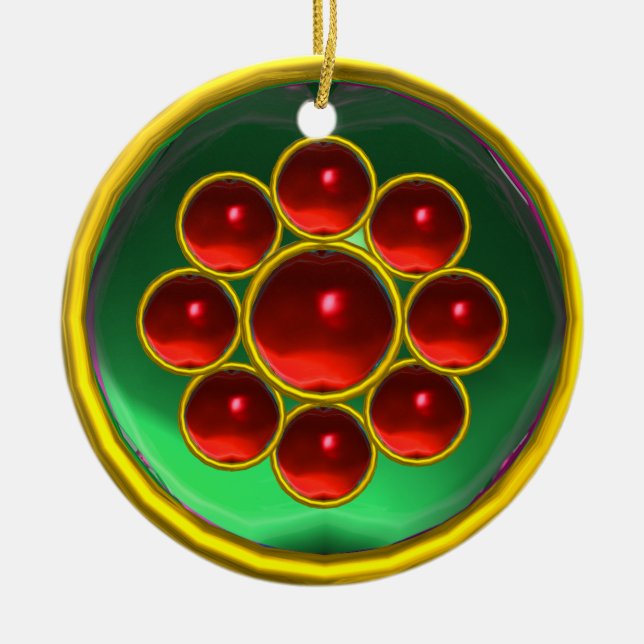 EMERALD GREEN;RED RUBY GEMSTONE MON CERAMIC TREE DECORATION (Front)