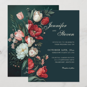  Emerald Green & Red Tulip Botanical Wedding Invitation