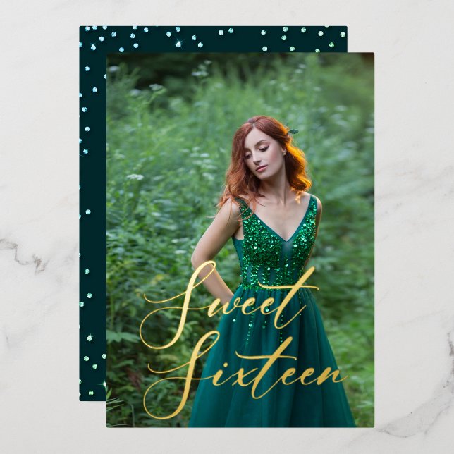 Emerald Green Rhinestones Gold Sweet 16 Photo (Front/Back)