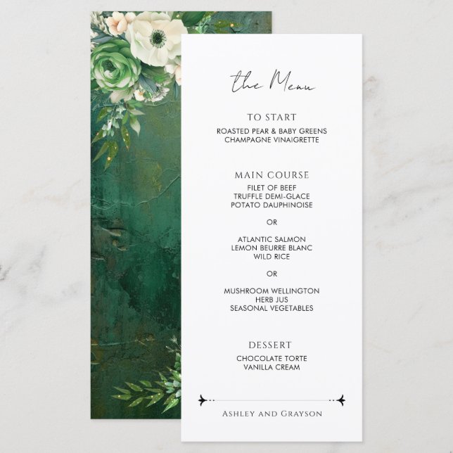 Emerald Green Romantic Floral Wedding Menu (Front/Back)