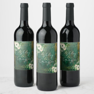 Emerald Green Romantic Floral Wedding Wine Label
