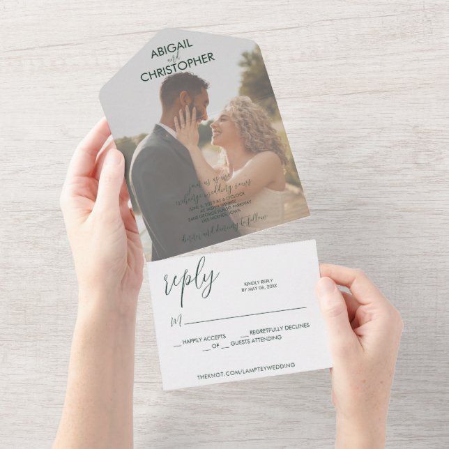 Emerald Green Romantic Photo Wedding All In One Invitation (Tearaway)