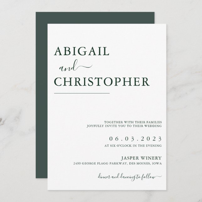 Emerald Green Romantic Simple Wedding Invitation (Front/Back)