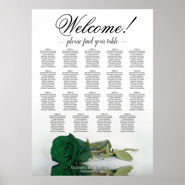 Emerald Green Rose 19 Table Wedding Seating Chart (Front)