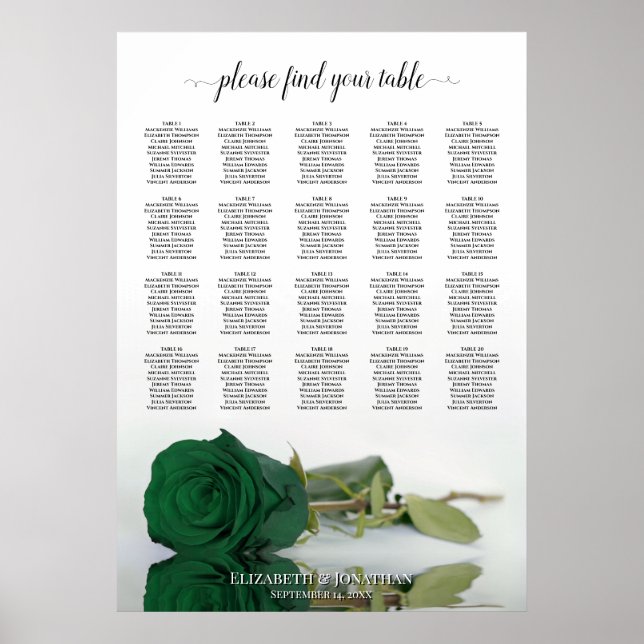 Emerald Green Rose 20 Table Wedding Seating Chart (Front)