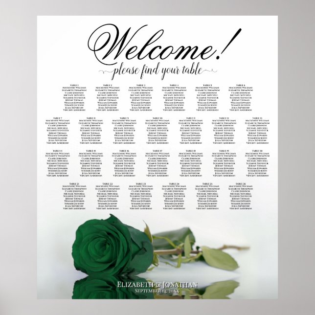 Emerald Green Rose 26 Table Wedding Seating Chart (Front)