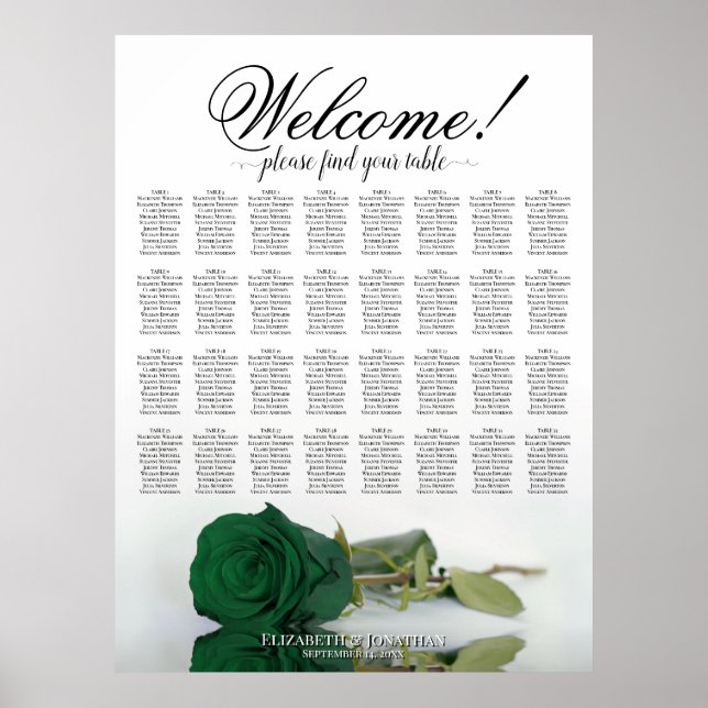 Emerald Green Rose 32 Table Wedding Seating Chart (Front)