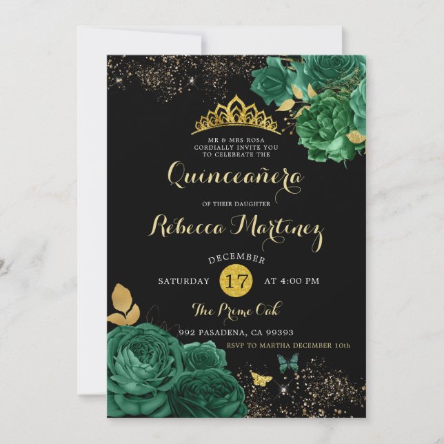 Emerald Green Rose and Black Mis 15 Años Invitation (Front)