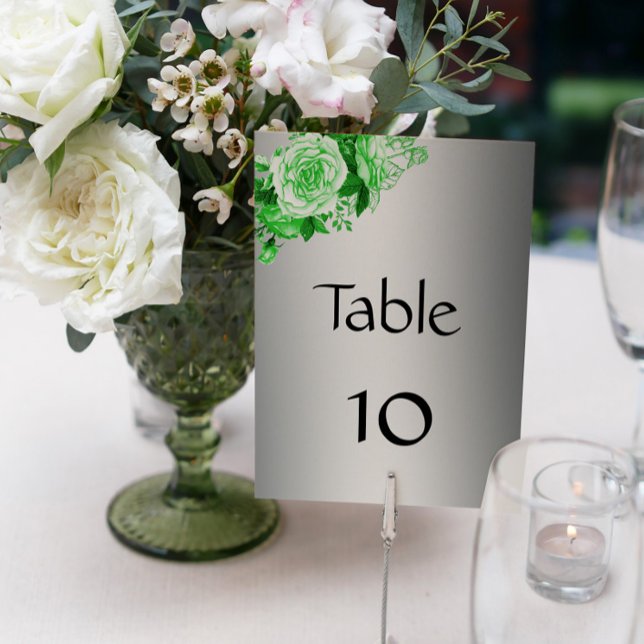 Emerald Green Rose Bouquet Silver Wedding Table Number (Creator Uploaded)