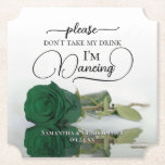 Emerald Green Rose Don't Take My Drink Wedding Paper Coaster<br><div class="desc">This wedding coaster is elegant, stylish, and fun! It features a photo of a single long-stemmed emerald green coloured rose lying on its side mirrored in a pool of water. The text reads "Please don't take my drink, I'm dancing" written in modern script lettering. There is space for the names...</div>