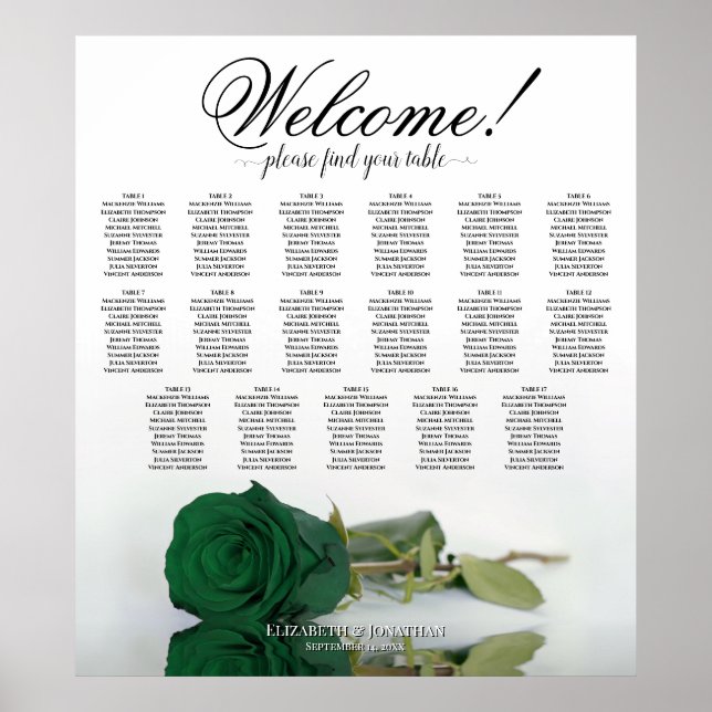 Emerald Green Rose Elegant 17 Table Seating Chart (Front)