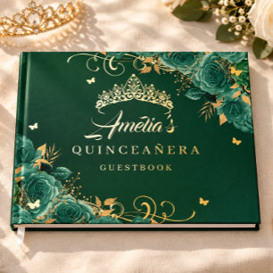 Emerald Green Rose Floral Swirl Quinceanera Gold Guest Book