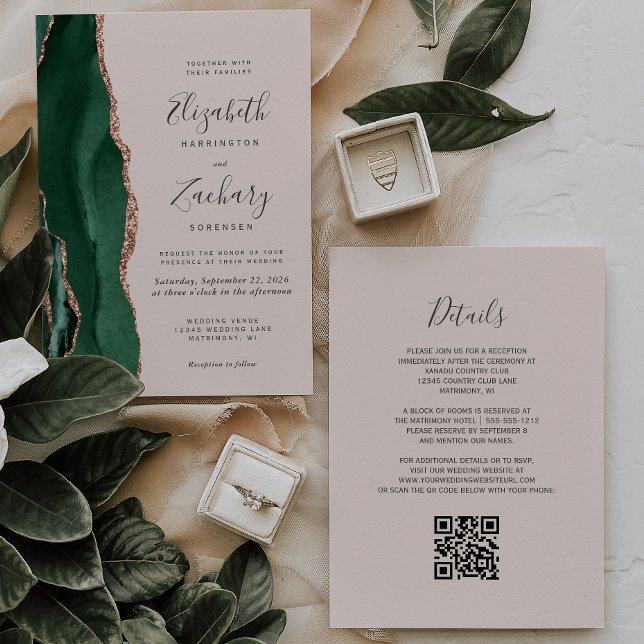 Emerald Green Rose Gold Agate Blush QR Wedding Invitation (Creator Uploaded)