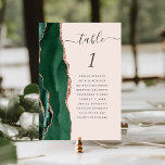 Emerald Green Rose Gold Agate Blush Wedding Table Number<br><div class="desc">The left-hand edge of this elegant modern wedding table number card features an emerald green watercolor agate border trimmed with faux rose gold glitter. The word "table" appears in charcoal grey handwriting script on a blush pink background. Add the names of your guests who are assigned to each table.</div>