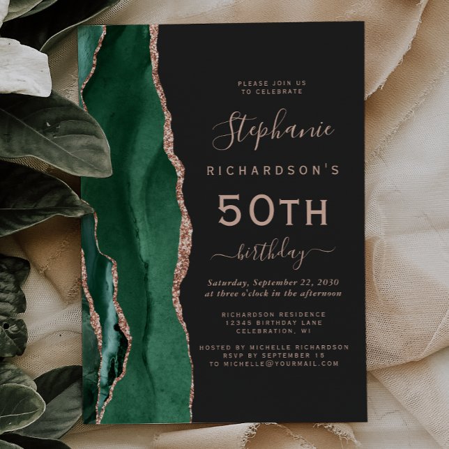Emerald Green Rose Gold Agate Dark 50th Birthday Invitation (Creator Uploaded)