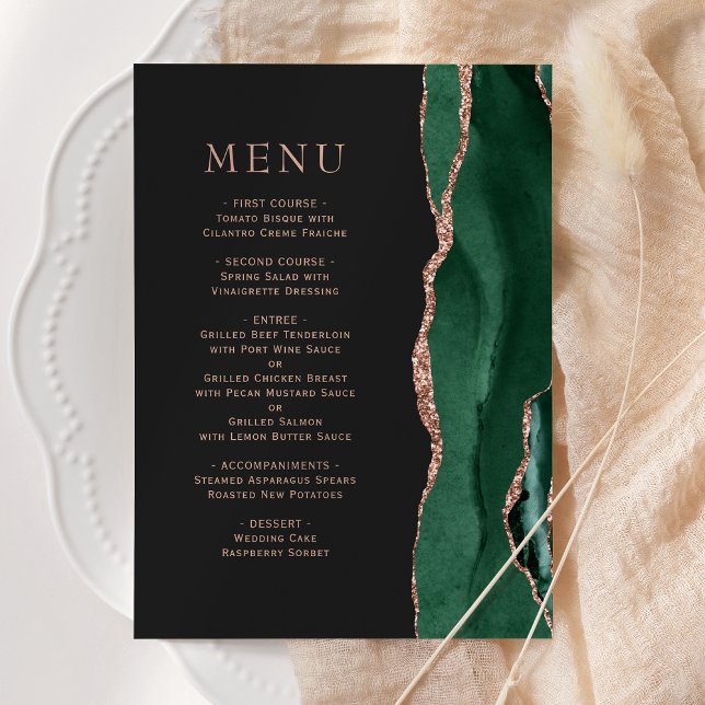 Emerald Green Rose Gold Agate Dark Wedding Menu (Creator Uploaded)