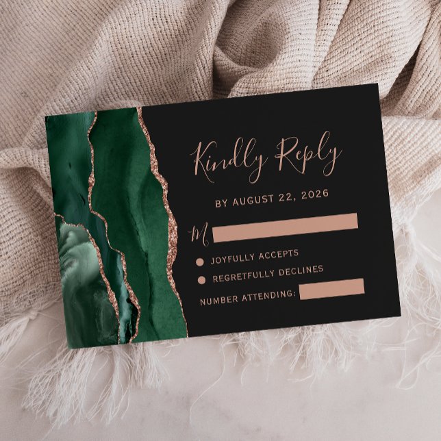 Emerald Green Rose Gold Agate Dark Wedding RSVP Card (Creator Uploaded)