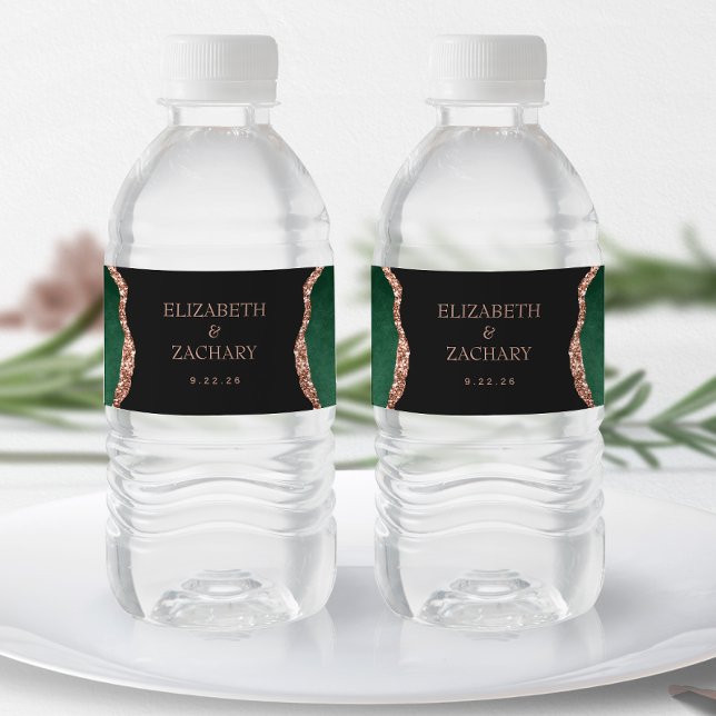 Emerald Green Rose Gold Agate Dark Wedding Water Bottle Label (Creator Uploaded)