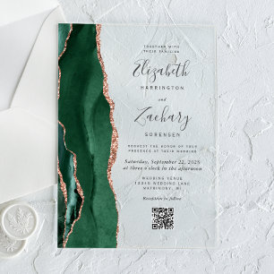 Emerald Green Rose Gold Agate QR Code Wedding Acrylic Invitations