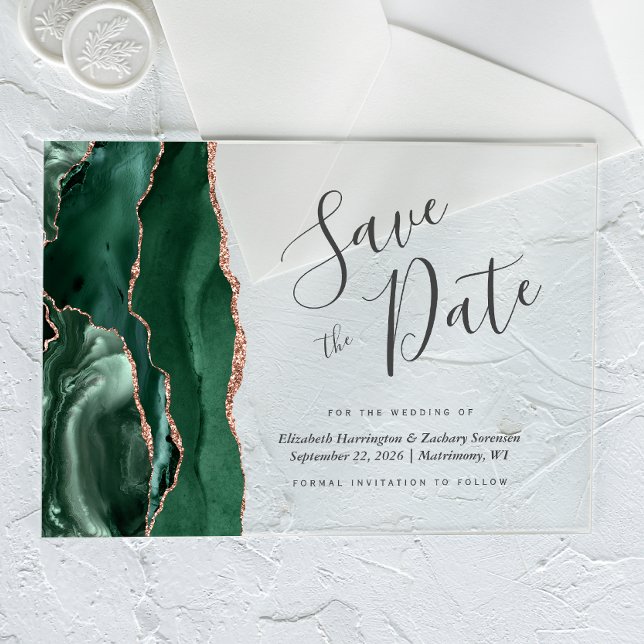Emerald Green Rose Gold Agate Save the Date Card Acrylic Invitations (Creator Uploaded)