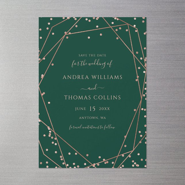 Emerald Green Rose Gold Geometric Save the Date Magnetic Invitation (Creator Uploaded)