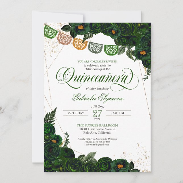 Emerald Green Rose & Gold Papel Picado Quinceañera Invitation (Front)