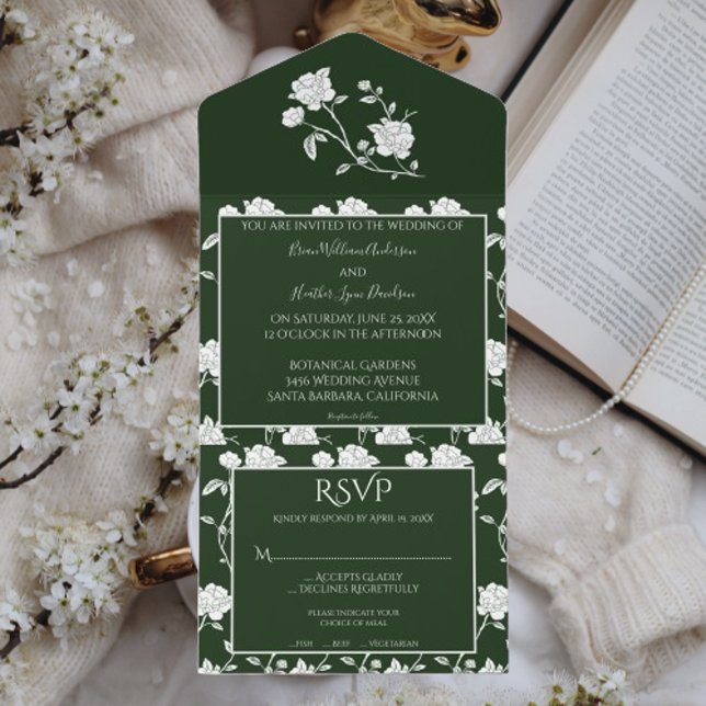 Emerald Green Rose Wedding All In One Invitation (Emerald Green Rose All in One Wedding Invitation)
