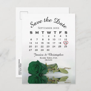 Emerald Green Rose Wedding Calendar Save the Date Announcement Postcard