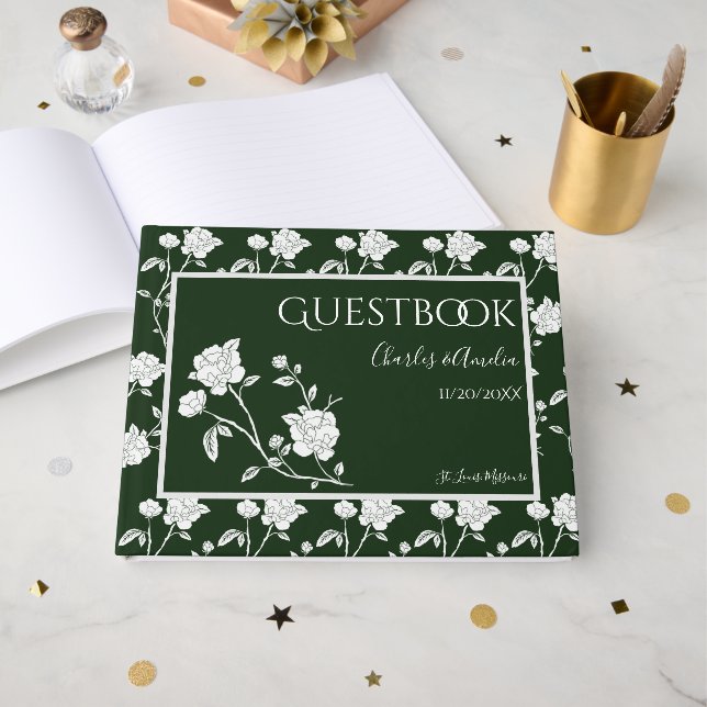 Emerald Green Rose Wedding Guest Book (Front Open)
