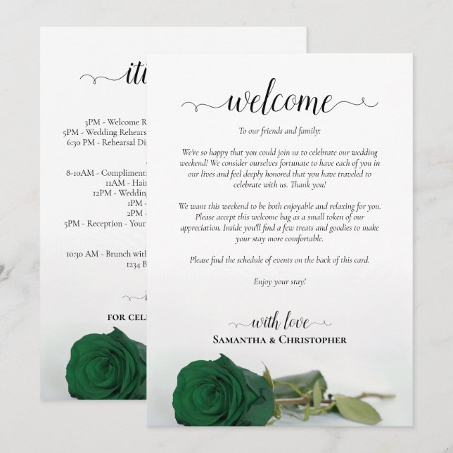 Emerald Green Rose Wedding Welcome & Itinerary Program (Front/Back)