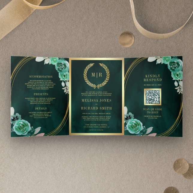 Emerald Green Roses All in One QR Code Wedding Tri-Fold Invitation (Creator Uploaded)