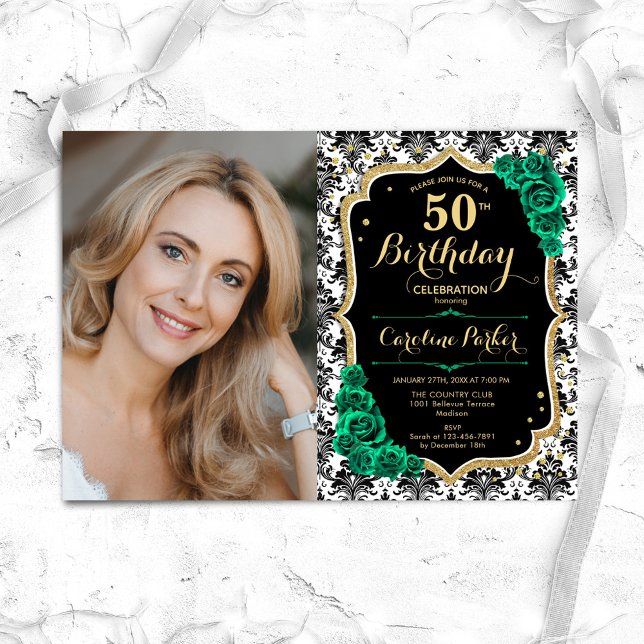 Emerald Green Roses Black Gold Photo 50th Birthday Invitation (Creator Uploaded)