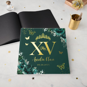 Emerald Green Roses Butterflies Gold Quinceañera Guest Book