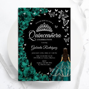 Emerald Green Roses Butterflies Quinceanera Invitation